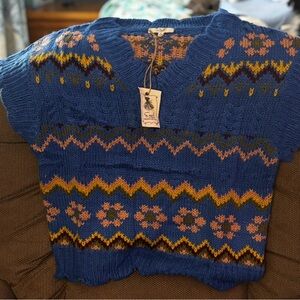 easel Blue V-Neck Fair Isle Knit Short Sleeve Sweater